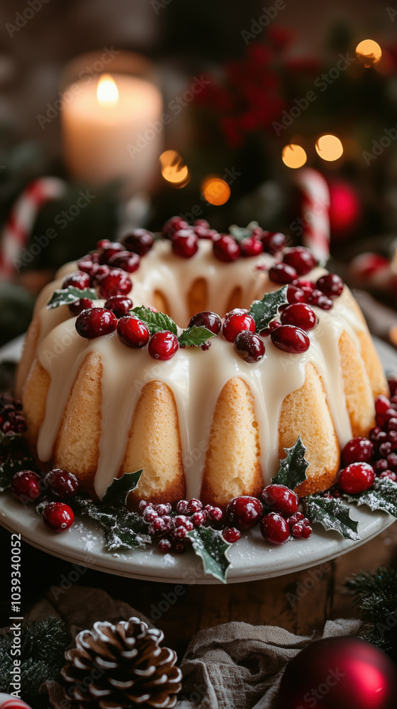 Festive bundt cake decorated with white icing and cranberries, perfect for celebrations Festive bundt cake decorated with white icing and cranberries, perfect for celebrations