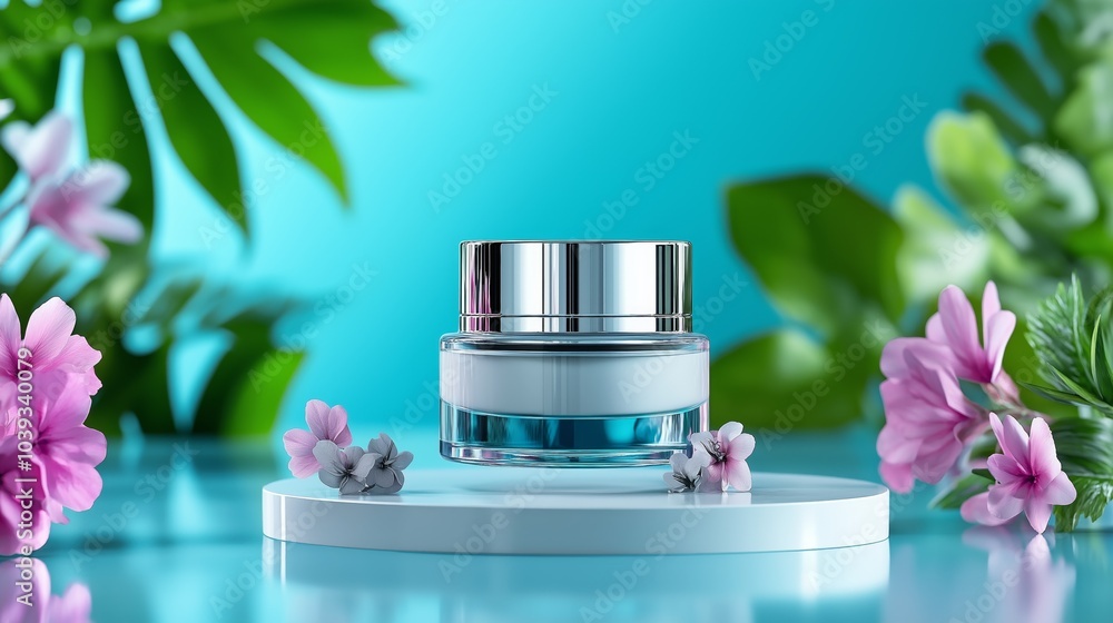 Luxury Cream Jar with Flowers and Green Leaves on Blue Background Luxury Cream Jar with Flowers and Green Leaves on Blue Background