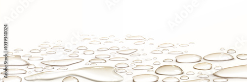 Side view on white waterproof smooth glass surface with clear water droplets. Realistic 3d vector background with scattered rainy splatters and puddles. Shower condensation moisture drop pattern.