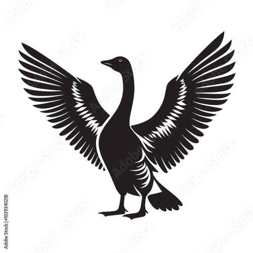 Black and white silhouette of a goose with wings spread wide.