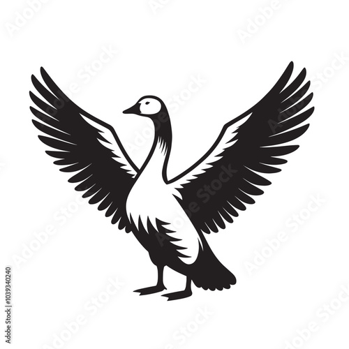 Black and white silhouette of a goose with wings spread.