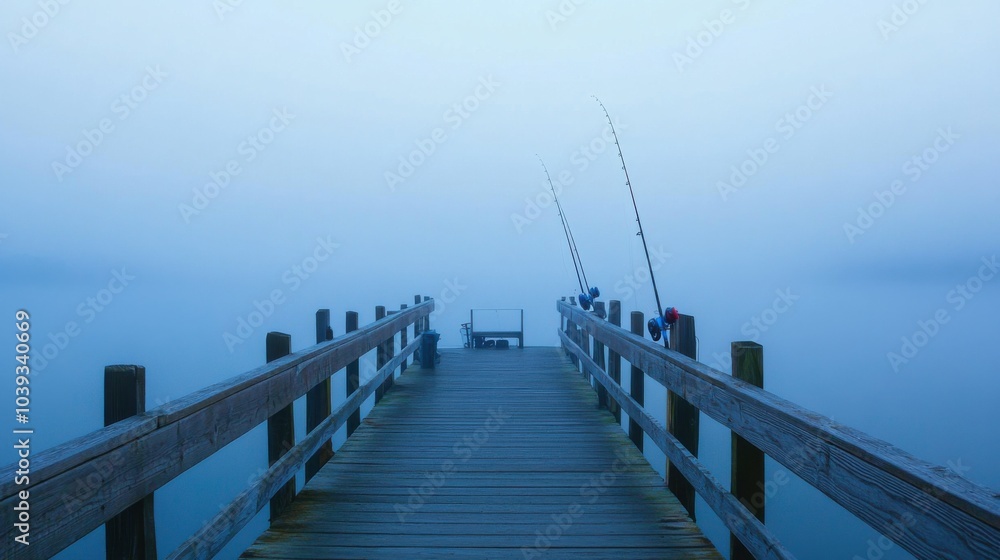 Obraz premium A cozy fishing pier at sunrise with fishermen casting lines into a foggy harbor, Fishing rods and tackle under soft morning light and misty reflections on the water, Foggy harbor tranquility style