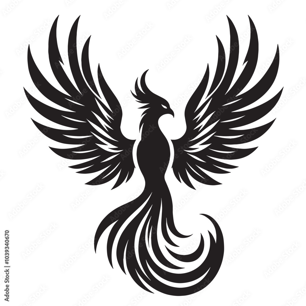 Obraz premium Black and white silhouette of a mythical phoenix bird with outstretched wings.