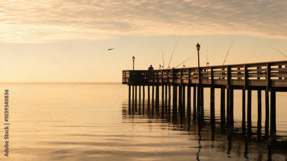 A cozy fishing pier at sunrise with fishermen casting lines into calm waters, Fishing rods and tackle under soft morning light and reflections on the water, Sunrise tranquility style A cozy fishing pier at sunrise with fishermen casting lines into calm waters, Fishing rods and tackle under soft morning light and reflections on the water, Sunrise tranquility style