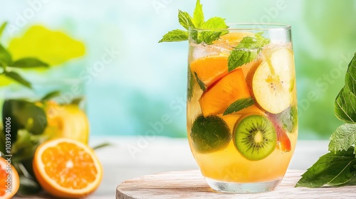 Refreshing cocktail with mixed fruits and mint, served in a glass.