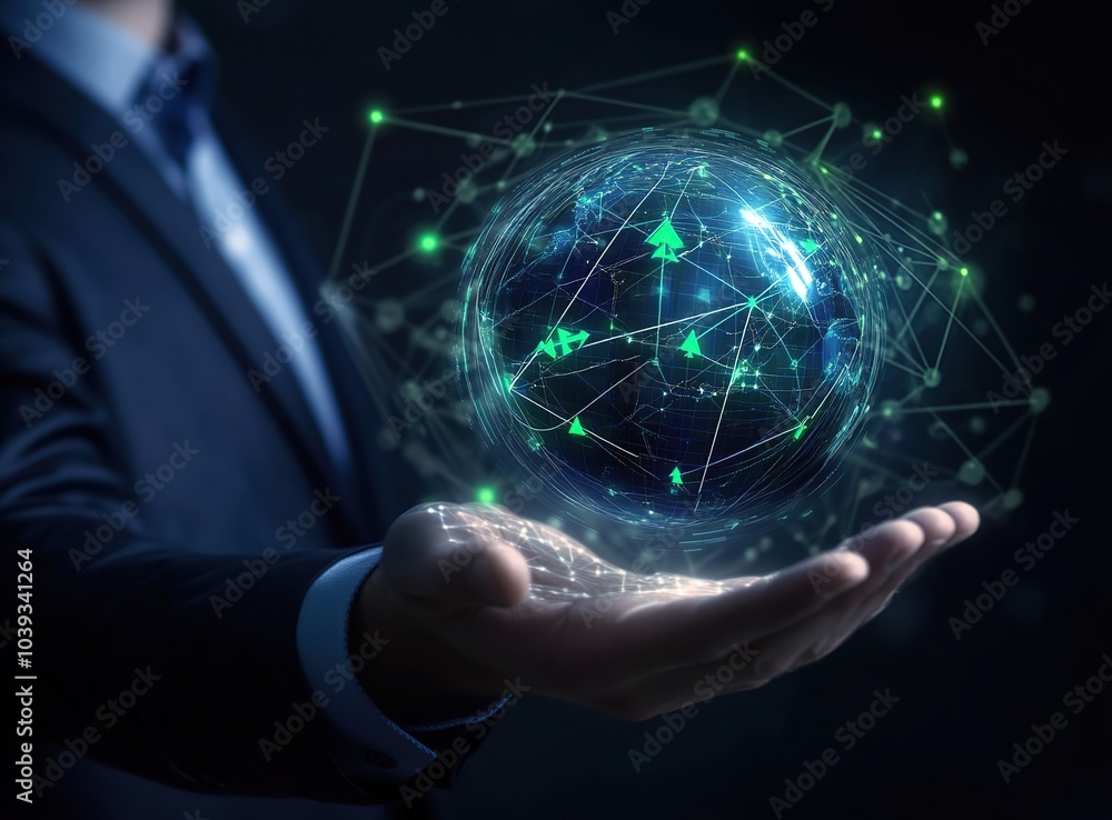 A businessman holds a glowing globe in his hand, symbolizing global connectivity and digital networks. A businessman holds a glowing globe in his hand, symbolizing global connectivity and digital networks.