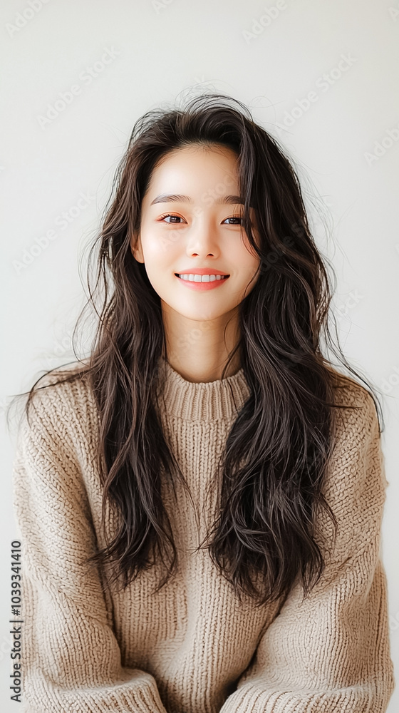 Capturing the radiance of a korean woman with long hair and a gentle smile in a cozy sweater setting Capturing the radiance of a korean woman with long hair and a gentle smile in a cozy sweater setting