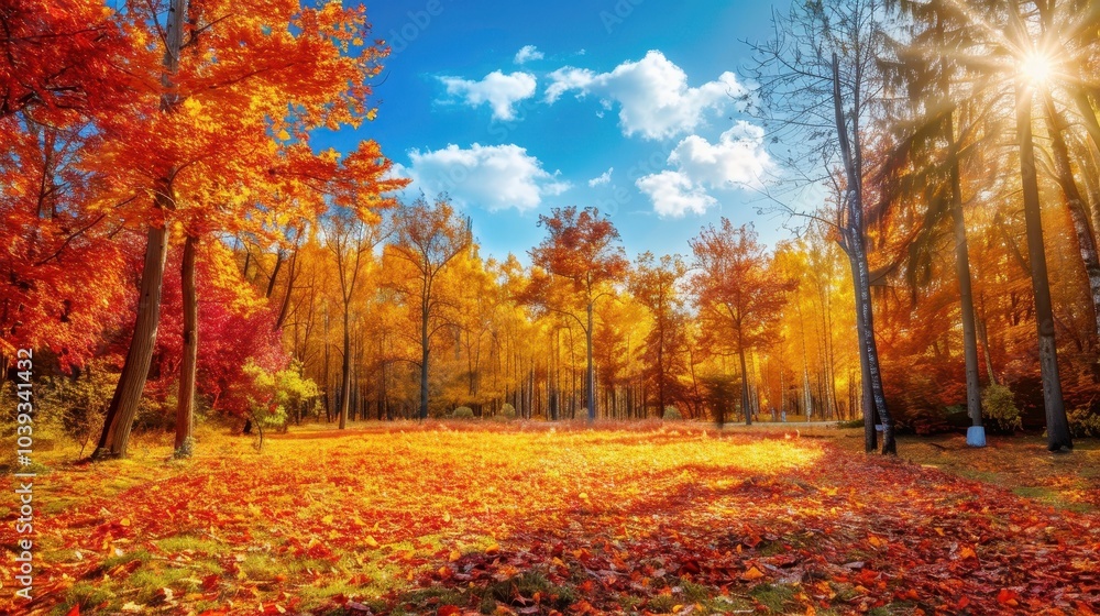 Naklejka premium Vibrant Autumn Landscape with Colorful Forest Trees
