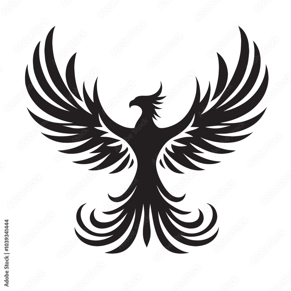 Black and white silhouette of a phoenix with spread wings. Black and white silhouette of a phoenix with spread wings.