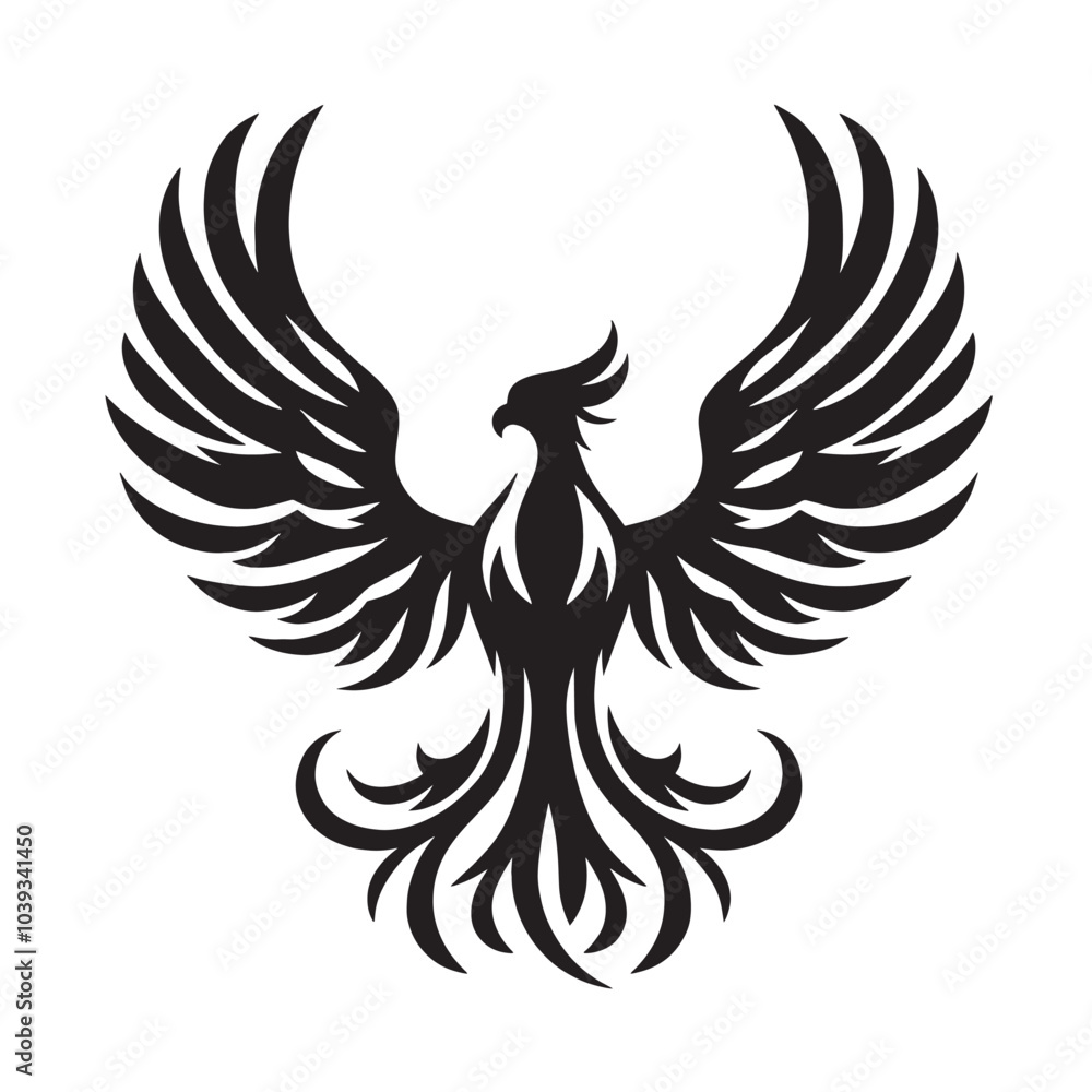 Black and white silhouette of a phoenix with its wings spread. Black and white silhouette of a phoenix with its wings spread.