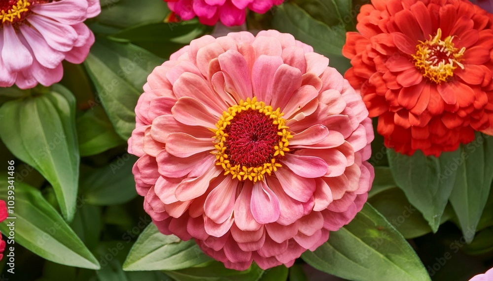 Pink and red zinnia flowers (Zinnia elegans ) top view Pink and red zinnia flowers (Zinnia elegans ) top view