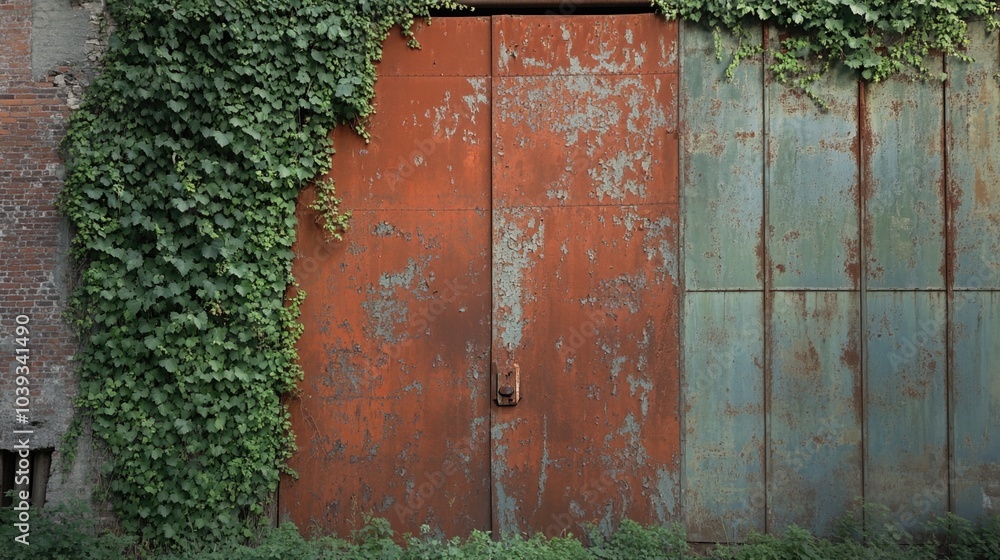 Closed factory gates with rusting metal and faded paint, symbolizing the decline of industry and the passage of time, reflecting a poignant reminder of economic shifts and the human impact of change Closed factory gates with rusting metal and faded paint, symbolizing the decline of industry and the passage of time, reflecting a poignant reminder of economic shifts and the human impact of change