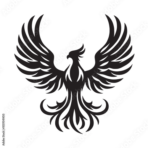 Black and white silhouette of a phoenix with its wings spread.