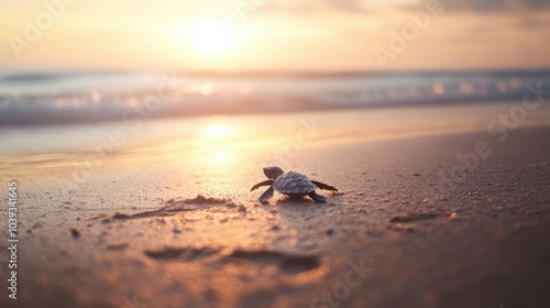 A baby sea turtle hatchling making its way to the ocean from a nest on the beach