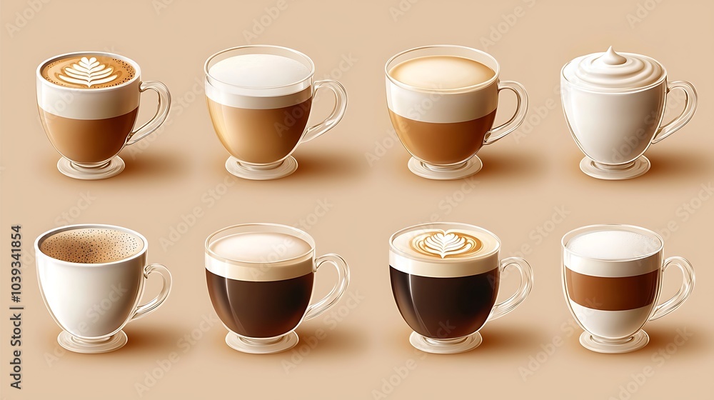 Coffee Variations: A delightful collection of eight glass mugs showcasing different coffee drinks with a variety of milk and cream toppings. Perfect for cafes, coffee shops, and beverage websites. Coffee Variations: A delightful collection of eight glass mugs showcasing different coffee drinks with a variety of milk and cream toppings. Perfect for cafes, coffee shops, and beverage websites.