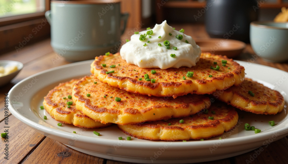 Latkes topped with sour cream and chives on white plate Latkes topped with sour cream and chives on white plate