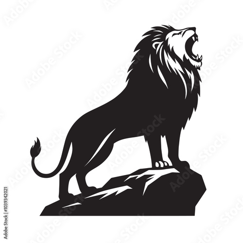 Black and white silhouette of a roaring lion standing on a rock.