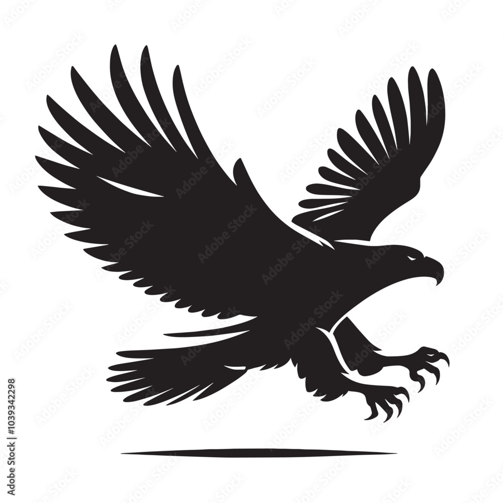 Obraz premium Black and white silhouette of a soaring eagle with wings spread wide, talons out.