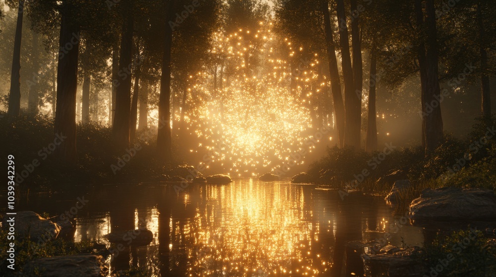 Obraz premium Serene Forest with Glowing Reflections on Lake