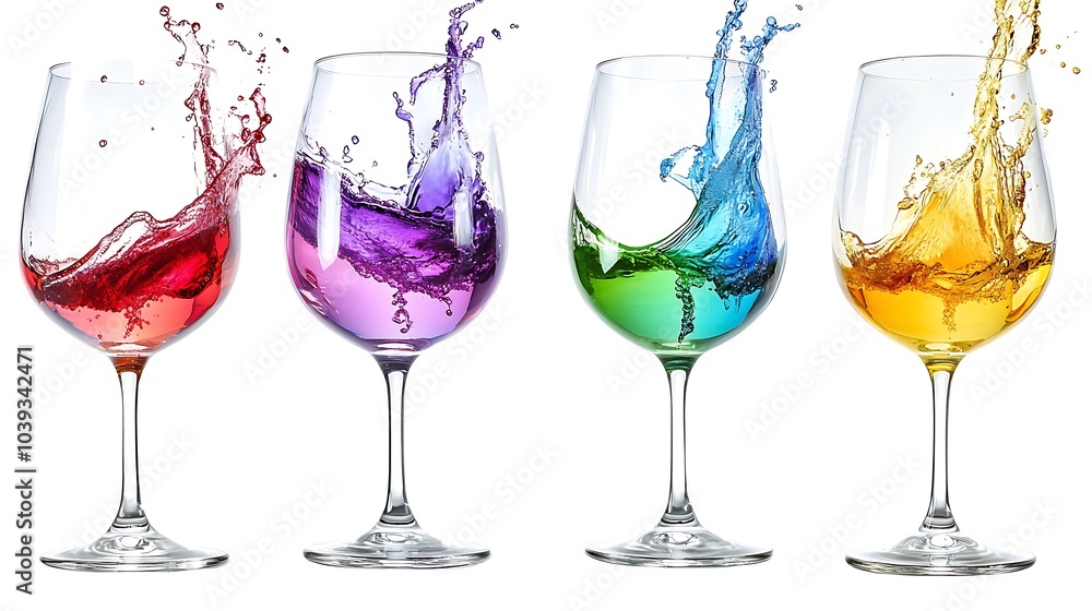 Rainbow Wine Splash: Vibrant colored liquids splash dramatically from four wine glasses, a captivating image perfect for a celebratory or artistic project. Rainbow Wine Splash: Vibrant colored liquids splash dramatically from four wine glasses, a captivating image perfect for a celebratory or artistic project.