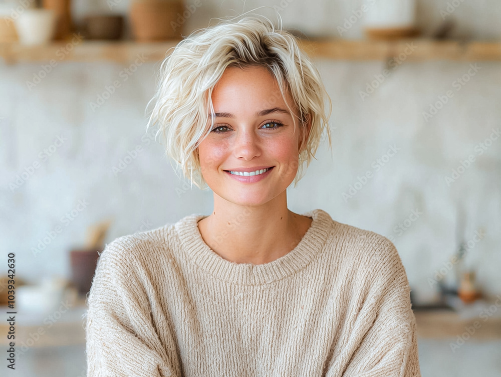 Bright smiles and pixie cuts embracing joyful moments with a blonde woman in a cozy setting Bright smiles and pixie cuts embracing joyful moments with a blonde woman in a cozy setting