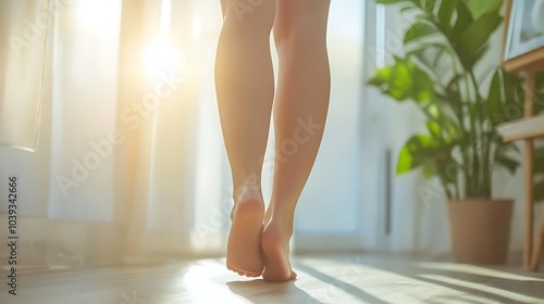 A woman's bare feet are shown walking on a wooden floor towards a window with sunlight shining through.