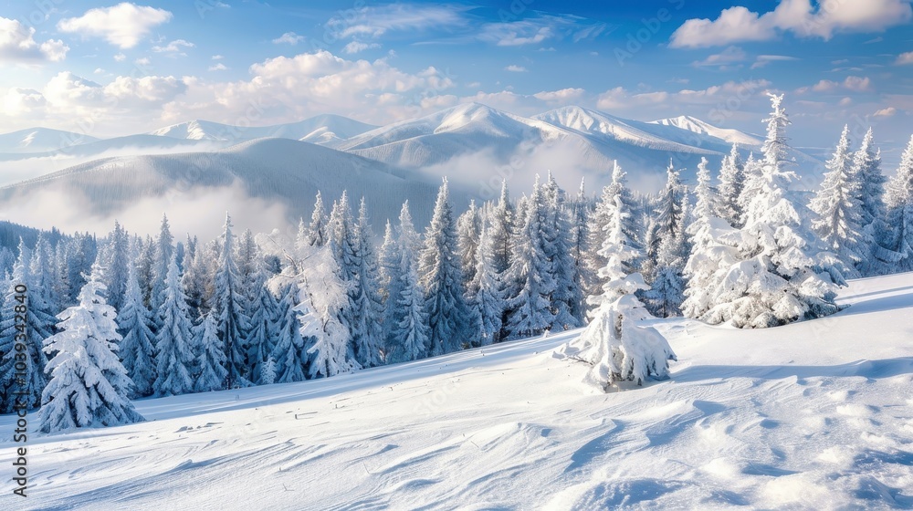 Fototapeta premium Serene Winter Scene in Snowy Mountain Landscape