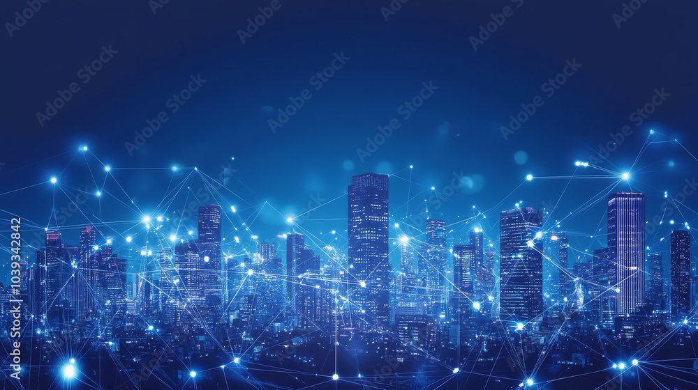 Fototapeta premium blue digital cityscape with buildings and network of glowing connections creates futuristic atmosphere. skyline is illuminated, showcasing modern urban environment
