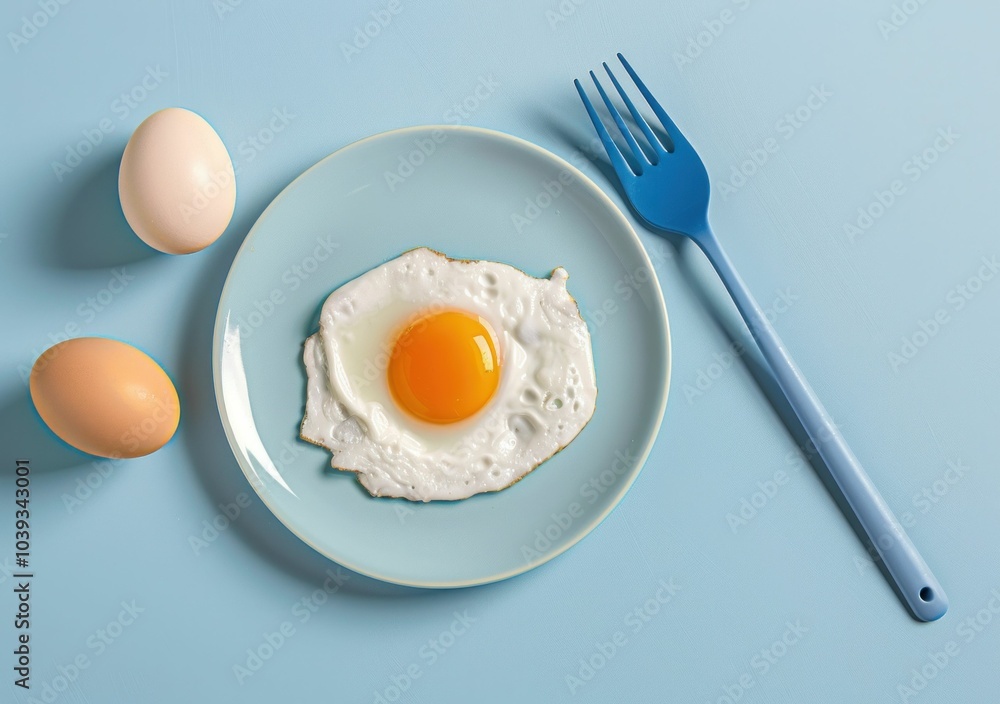Fried egg on a light blue plate with a blue fork, surrounded by two raw eggs Perfect for breakfast concepts and food styling Colorful and vibrant presentation Fried egg on a light blue plate with a blue fork, surrounded by two raw eggs Perfect for breakfast concepts and food styling Colorful and vibrant presentation