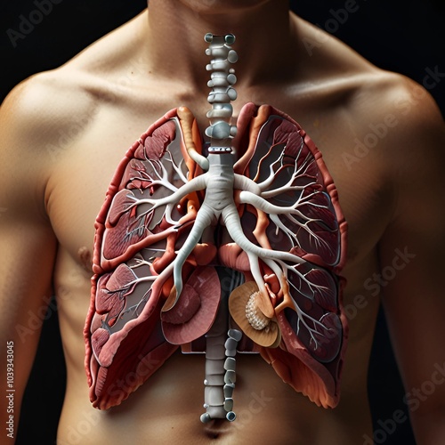 _A highly detailed diagram of the human respiratory system, featuring the lungs, trachea, bronchi, and alveoli, with oxygen exchange labeled photo