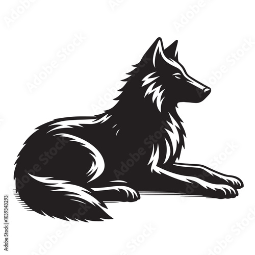 Black and white silhouette of a wolf lying down. (1)