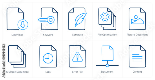 A set of 10 File icons as download, keywork, compose