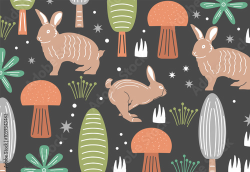 Seamless vector pattern with forest animals, rabbit, flowers and snowflakes. Forest illustration