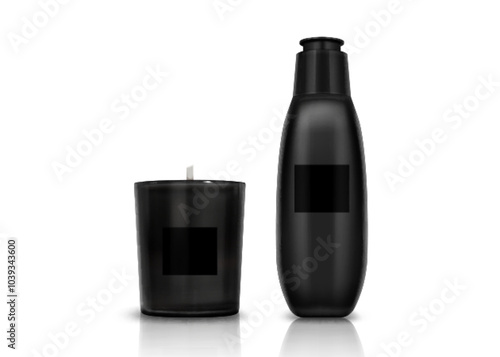 Aroma candle and cosmetic bottle mockup isolated on white background. Vector realistic illustration of glass cup with aromatherapy wax, blank container with spa massage oil or skin care lotion