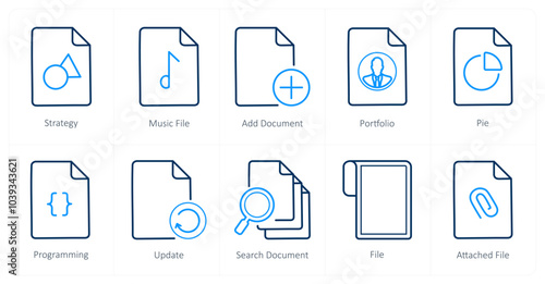 A set of 10 File icons as strategy, music file, add document