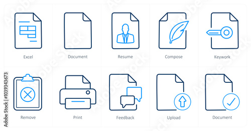 A set of 10 File icons as excel, document, resume