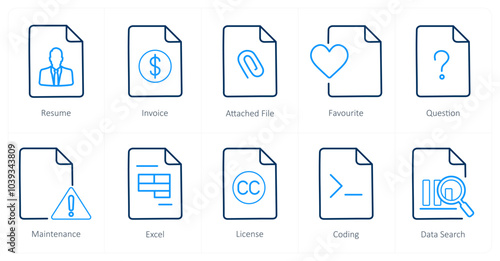 A set of 10 File icons as resume, invoice, attached file