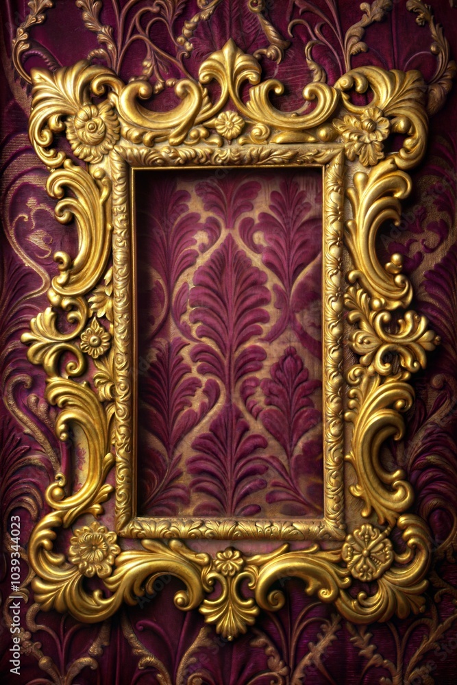 Ornate gold frame against crimson background striking contrast Ornate gold frame against crimson background striking contrast