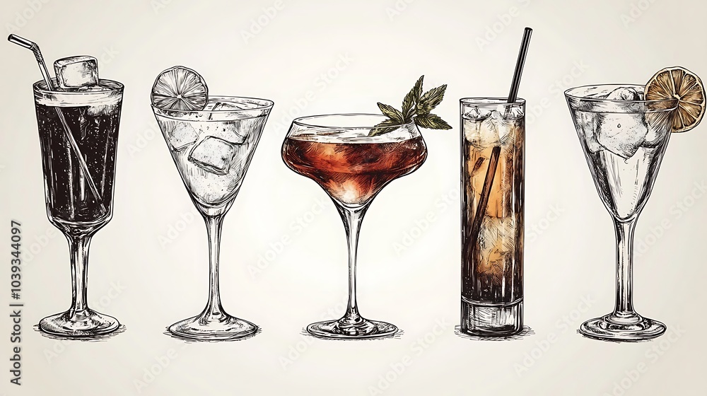 Cocktail Sketch Collection: A hand-drawn illustration featuring five refreshing cocktails, each meticulously sketched with detail, showcasing the artistry of mixology. Perfect for bar menus. Cocktail Sketch Collection: A hand-drawn illustration featuring five refreshing cocktails, each meticulously sketched with detail, showcasing the artistry of mixology. Perfect for bar menus.