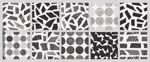 Collage Torn Paper, Washi Tape Piece and Circle Shapes Seamless Patterns Set with Different Hand Draw Textures in Contemporary Style. Abstract Vector Background for Print on Fabric, Package, Covers