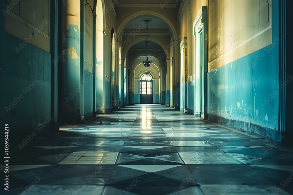 A long hallway with a black and white checkered floor A long hallway with a black and white checkered floor