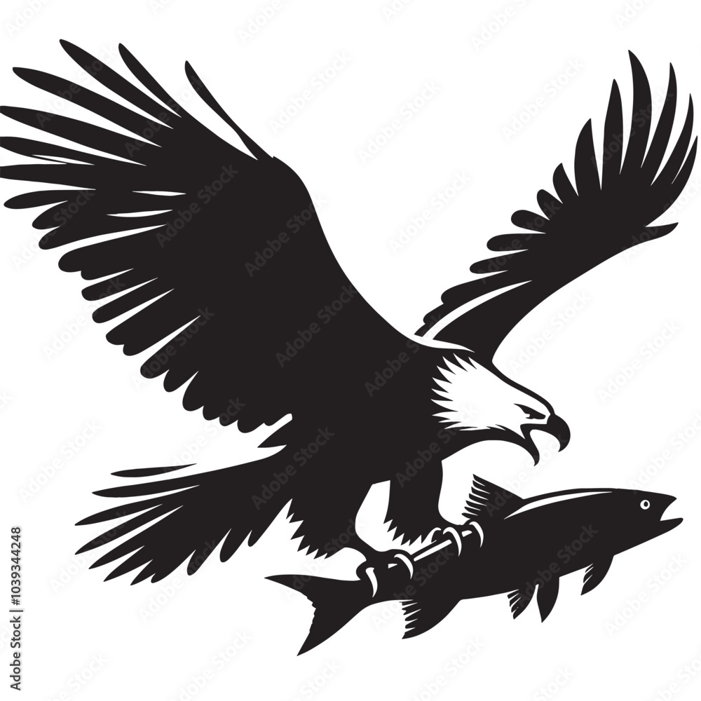 Obraz premium Black and white silhouette of an eagle flying with a fish in its talons.