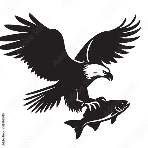 Black and white silhouette of an eagle flying with a fish in its talons.