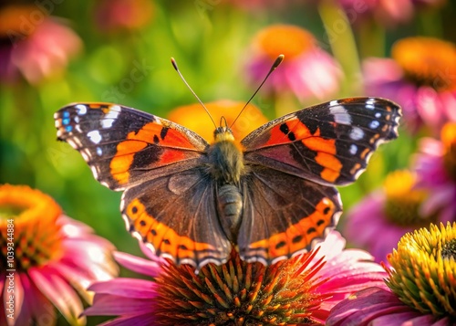 Architectural beauty, a floral stage for the Red Admiral's grace.