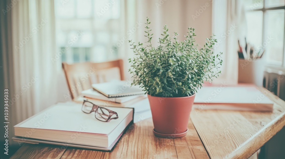 A close-up of a wooden table with a stack of books, a pair of glasses, and a potted plant. A close-up of a wooden table with a stack of books, a pair of glasses, and a potted plant.