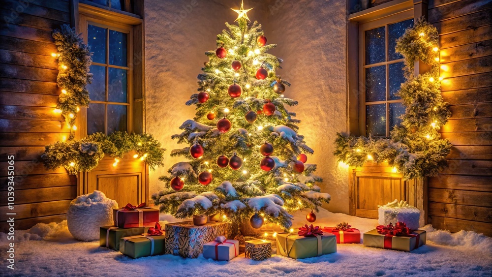 A snowy scene, a Christmas tree adorned with festive ornaments and presents, whispers of New Year's joy. A snowy scene, a Christmas tree adorned with festive ornaments and presents, whispers of New Year's joy.