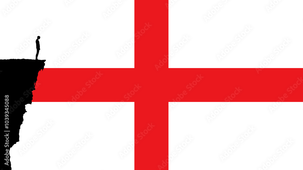 Obraz premium Silhouette of a Person Standing on the Edge of a Cliff on an English Flag