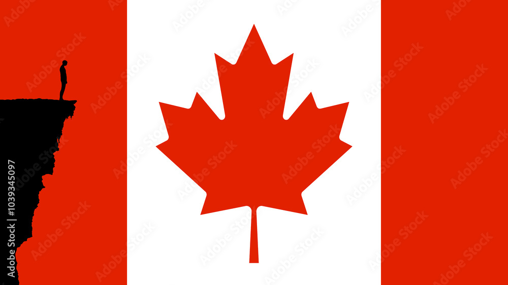 Obraz premium Silhouette of a Person Standing on the Edge of a Cliff on a Canadian Flag