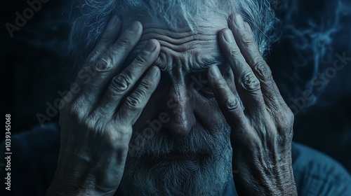 Close-up of an elderly man's face, his hands covering his eyes, conveying a sense of sadness, grief, or pain.