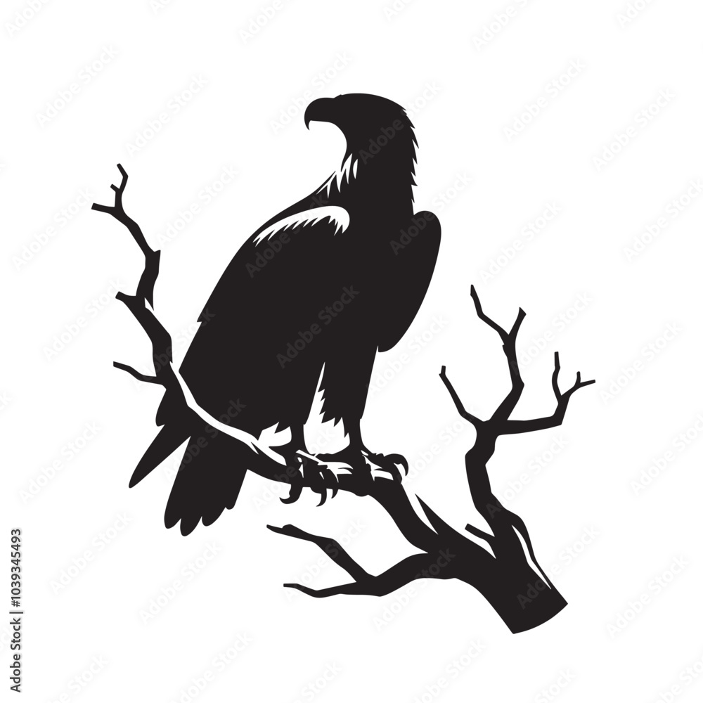 Black and white silhouette of an eagle perched on a tree branch. Black and white silhouette of an eagle perched on a tree branch.